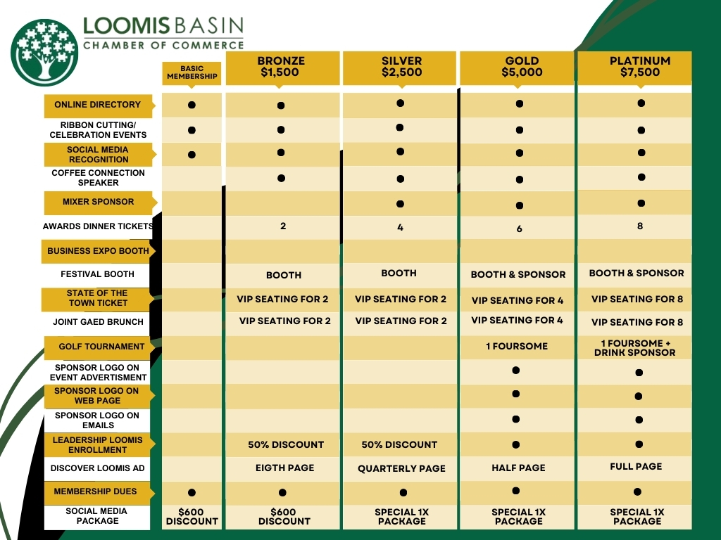 Sponsorship benefits comparison across Bronze, Silver, Gold, and Platinum tiers