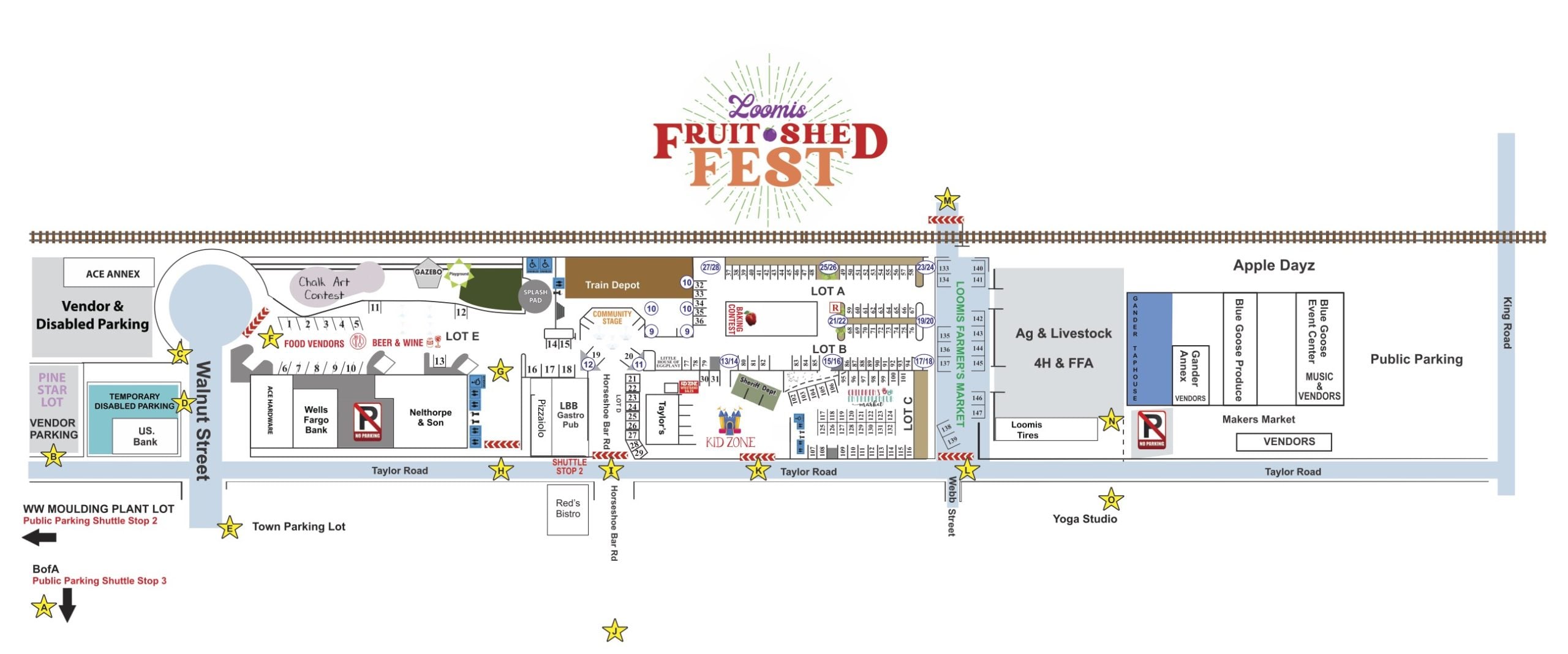 Map of the Loomis Fruit Shed Fest showing vendor lots, entertainment, the Kids Zone and parking
